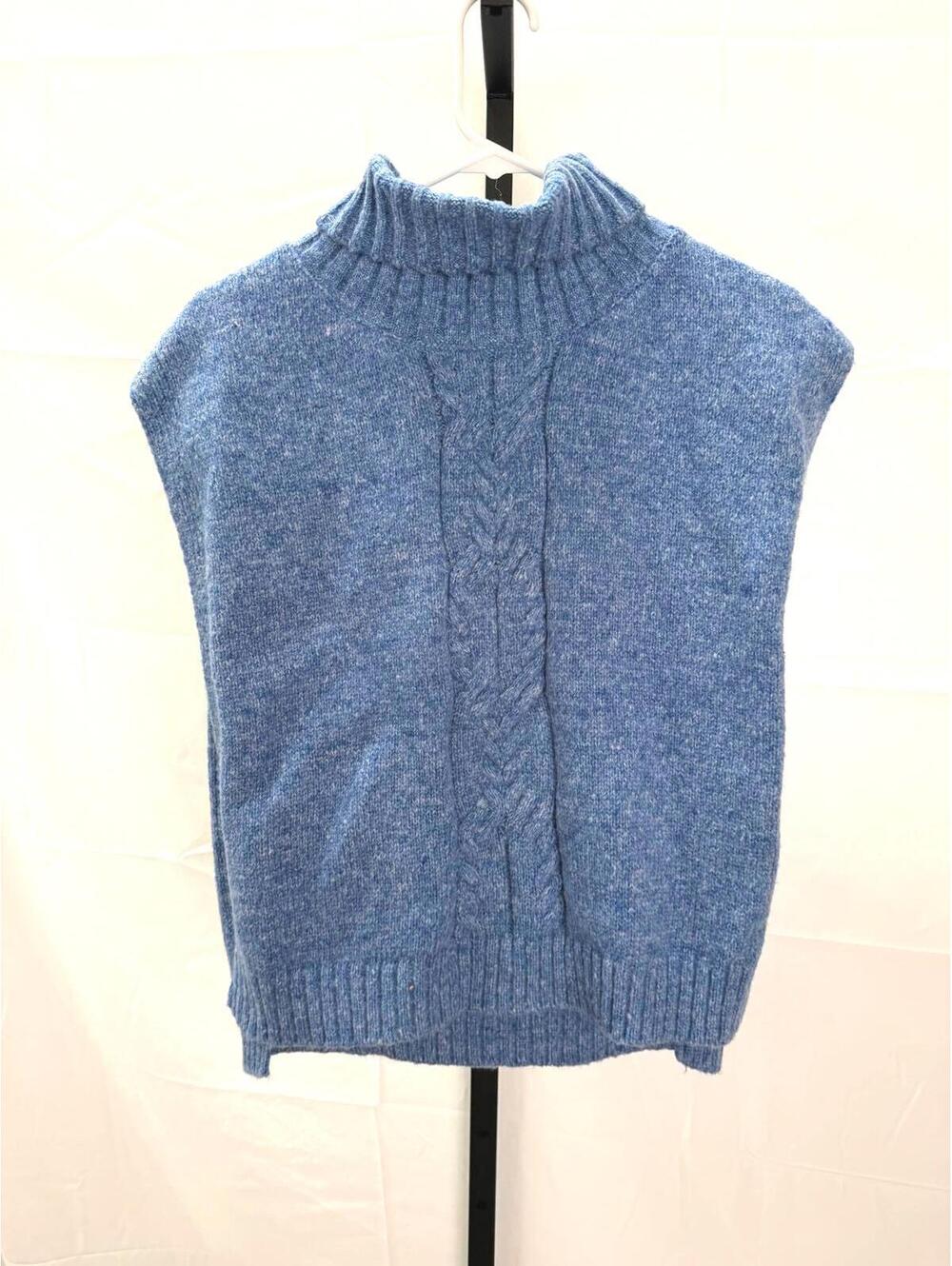 Blue Sleeveless Knit Sweater Open Vest